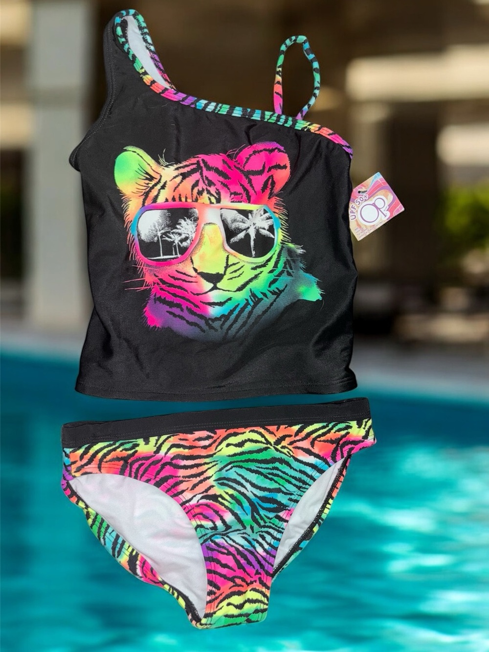 OP Girls' 2 Pc Black & Neon Rainbow Tiger Tankini Swim Bathing Suit Girls M 7-8